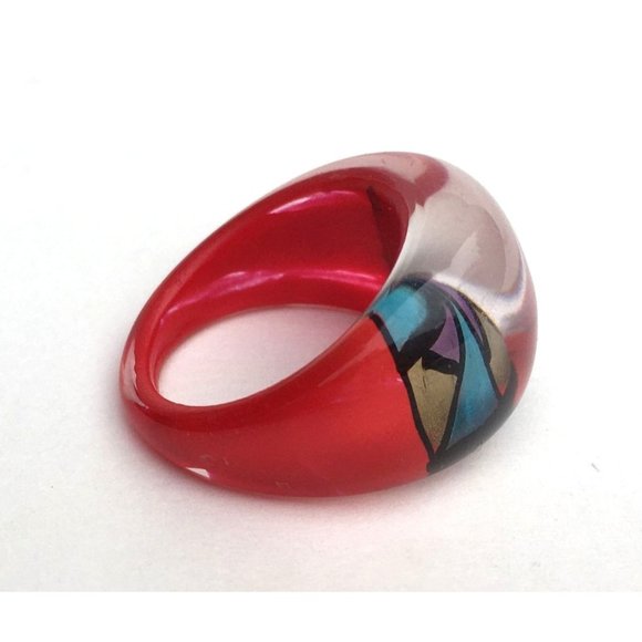 Vintage Lucite Ring Translucent Clear Red & Metallic Colors Hand Painted Chunky - Picture 6 of 6